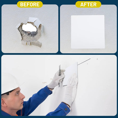 Before and after using Top Shelf Six Pack White Ceiling Cover Plates 12 Inch Wall Hole Covers during drywall patching.