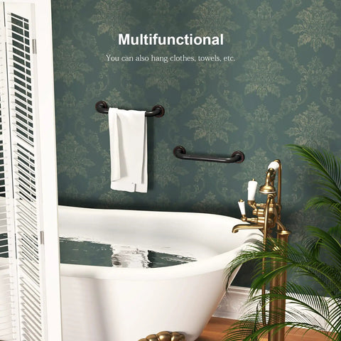 Bathroom with Two Pack 12 Inch Anti Slip Shower Grab Bars in Oil Rubbed Black Bronze and Antique Brass Finish, multifunctional use