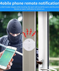 WiFi Door and Window Alarm with Vibration Sensor 130dB Siren Free App Alerts Works with Alexa and Google Home Glass Break Security Sensor for Home Office Garage Kids showing app alert on phone