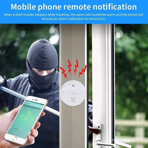 WiFi Door and Window Alarm with Vibration Sensor 130dB Siren Free App Alerts Works with Alexa and Google Home Glass Break Security Sensor for Home Office Garage Kids showing app alert on phone
