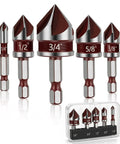 Built Tough Countersink Drill Bit Set With 82 Degree Five Flutes And Quick Change Hex Shank For Wood, Metal, And Plastic display.