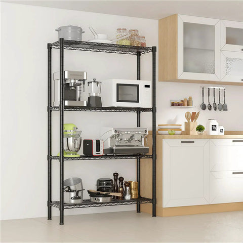 Heavy Duty Hella Sturdy Four Tier Metal Wire Shelving Unit With Adjustable Shelf Levels Badass Black Steel Storage Rack in kitchen