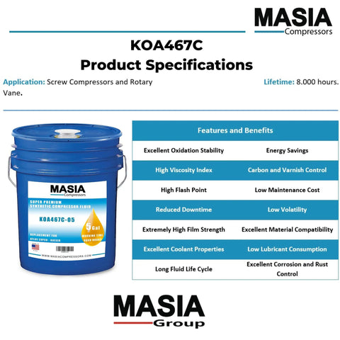 Heavy Duty PAO Synthetic Base Compressor Lubricant For Rotary Screw Systems ISO 46 Grade, 8000 Hour Lifetime, 4 Gallon Case, Made In USA, Premium Pro Grade Lubricant For Industrial Compressors, 5 gal drum