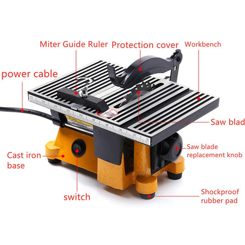 4 Inch 60W Mini Electric Table Saw For Bench Top DIY Projects Includes Two Circular Blades with blade and power cable details