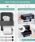 Super Handy Matte Black Toilet Paper Holder with shelf and storage for flushable wipes, showing adhesive and screw wall mount options.
