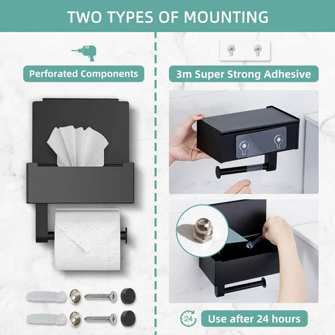 Super Handy Matte Black Toilet Paper Holder with shelf and storage for flushable wipes, showing adhesive and screw wall mount options.