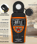 Ultra-Accurate Digital Light Meter 0.1 to 400,000 Lux With Temperature Sensor, Max Min Hold, 90 Degree Rotatable Sensor for Photography, Indoor Lighting, and Plant Growth. Orange handheld digital lux meter with LCD and rotating sensor