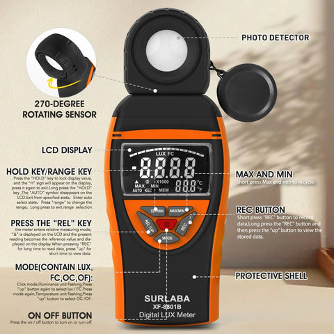 Ultra-Accurate Digital Light Meter 0.1 to 400,000 Lux With Temperature Sensor, Max Min Hold, 90 Degree Rotatable Sensor for Photography, Indoor Lighting, and Plant Growth. Orange handheld digital lux meter with LCD and rotating sensor