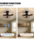 48 Inch Retractable Ceiling Fan With Lights In Black Cage installed in room showing downdraft and updraft modes, brown blades