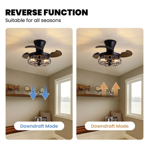 48 Inch Retractable Ceiling Fan With Lights In Black Cage installed in room showing downdraft and updraft modes, brown blades