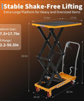 Heavy Duty Hydraulic Lift Table Cart Featuring Integrated Pump And Rust Resistant Steel Build Built Tough for shop use shown with dimensions.