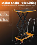 Front view of hydraulic lift table cart with orange platform, black scissor frame, four wheels and non-slip pad.
