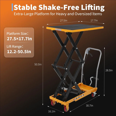 Front view of hydraulic lift table cart with orange platform, black scissor frame, four wheels and non-slip pad.