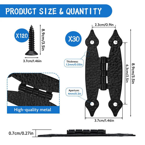 Bulk 30 Pack Dope 3.5 Inch Black Antique Butterfly H Shaped Hinges With Hammered Texture, dimensions and quantity details shown.