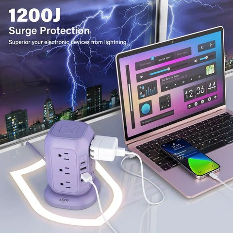 16 In 1 Power Strip Tower With 12 AC Outlets And 4 USB Ports 10 Ft Extension Cord Overload Protection Space Saving Surge Protector Charging Station For Home Office Dorm Rooms showing surge protection with connected laptop and phone