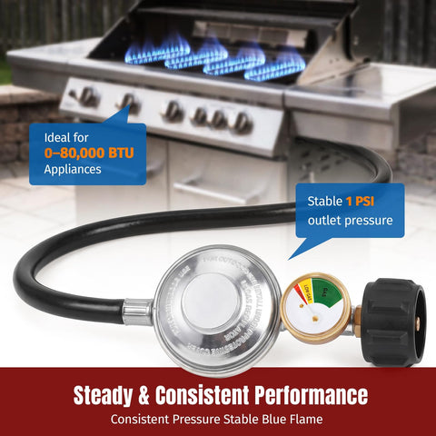 3.5 Ft Universal Gas Grill Regulator And Hose With Leak Detector Gauge For Propane BBQ Grills Patio Heaters And Fire Pits Installed