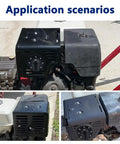 Various angles of Beefy Metal Muffler Exhaust Deflector Cap Kit For Predator 420cc 459cc Engines, mounted on small engine.