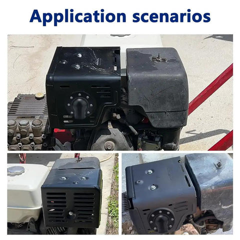 Various angles of Beefy Metal Muffler Exhaust Deflector Cap Kit For Predator 420cc 459cc Engines, mounted on small engine.