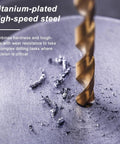 Close-up of a titanium-plated high-speed steel drill bit in action, part of the 70 Pcs HSS Mini Twist Drill Bit Set Must Have 0.3mm To 3mm Micro Drill Bits For Soft Metal And Plastic Includes 61 To 80 Great For Pin Vise And Rotary Tools Durable High Speed Steel With Coating For Precise Long Lasting Drilling. Shavings visible.