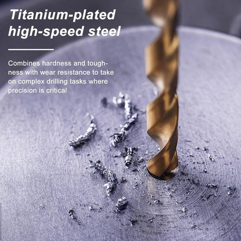 Close-up of a titanium-plated high-speed steel drill bit in action, part of the 70 Pcs HSS Mini Twist Drill Bit Set Must Have 0.3mm To 3mm Micro Drill Bits For Soft Metal And Plastic Includes 61 To 80 Great For Pin Vise And Rotary Tools Durable High Speed Steel With Coating For Precise Long Lasting Drilling. Shavings visible.