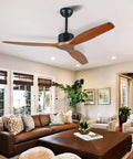 Living room with 52 Inch Solid Wood Ceiling Fan No Light For Outdoor Patio With Three Brown Blades In Gray Walnut Finish Moisture Proof Farmhouse Style