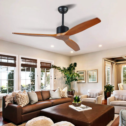 Living room with 52 Inch Solid Wood Ceiling Fan No Light For Outdoor Patio With Three Brown Blades In Gray Walnut Finish Moisture Proof Farmhouse Style