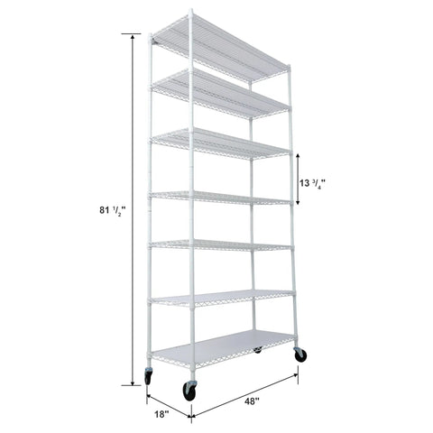 Seven Tier Heavy Duty Wire Shelving Unit With Wheels Adjustable Metal Rolling Rack For Garage Kitchen Pantry side view dimensions 81.5" height 48" width 18" depth