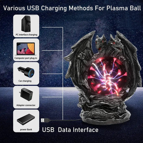 Dragon Plasma Ball Touch Sensitive USB Powered Globe With Purple Red Lightning That Trails Your Fingers, Air Ion Glow on dragon base