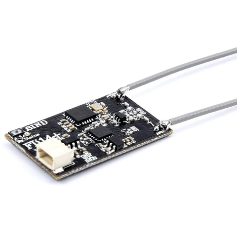 Fli14+ 14CH FPV Receiver With RSSI OSD, 2A IBUS Mini Micro Receiver for Flysky AFHDS-2A Transmitters, angled view with cables