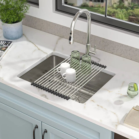 23 Inch Undermount Bar Sink Single Bowl 16 Gauge 304 Stainless Steel For Kitchen RV Wet Bar Prep, drying rack with cups and glasses
