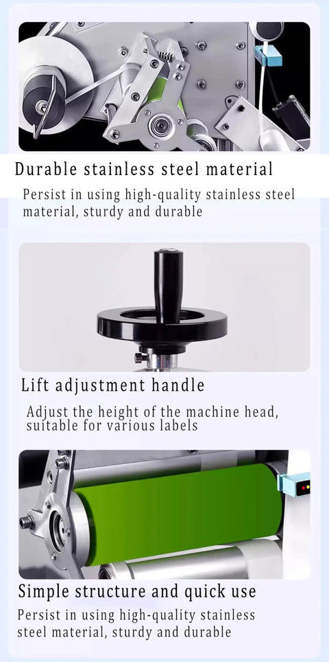 Fully Automatic Compact Labeling Machine With Conveyor Belt Self Adhesive Applicator For Round Bottles Boxes Bags Photoelectric Sensor Hustle Ready Heavy Lifter, showing durable stainless steel components and lift adjustment handle.
