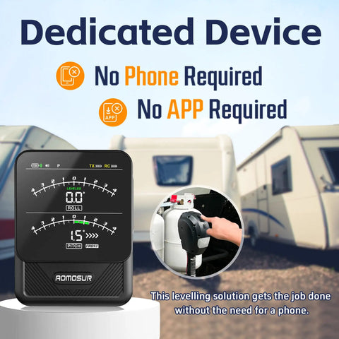 Wireless RV Leveling System for Campers With Real Time Lag Free Readings From Driver Seat 150 Ft Range Dedicated Display No App Needed Easy Magnetic Mount Setup Stay Level on Every Trip. dedicated display and RV sensor close-up