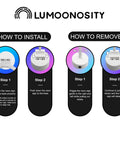 Installation and removal steps for Lumoonosity neon light base attachment, showing two-step instructions with diagrams.