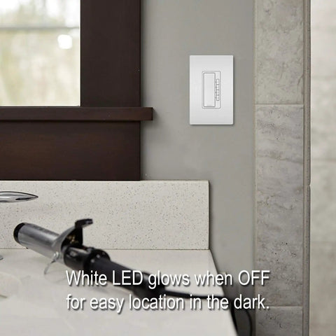Radiant Digital Countdown Timer Rocker Light Switch For Home Lighting Control installed on bathroom wall with LED glow