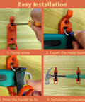 Step-by-step installation of Overlanding Shovel Rack Mount Kit for Roof Racks and Trucks rubber clamp grip showing screws and handle fastening.