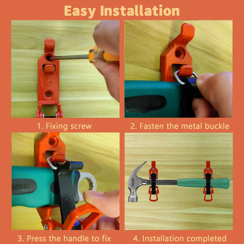 Step-by-step installation of Overlanding Shovel Rack Mount Kit for Roof Racks and Trucks rubber clamp grip showing screws and handle fastening.