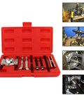 Heavy Duty 9 Piece Steel Separator Puller Tool Kit Universal Fit For Bearing Removal And Auto Repair Fits Front Rear Wheel Hubs Pinion Gears Axle Drive Shafts Perfect To Fix Bearings Without Breaking A Sweat On Your Rig Today, red case open