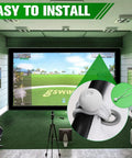Indoor golf setup showing Ultra Clear Golf Simulator Impact Screen 8.2x8.2 ft with 38 grommet holes and flannel material for HD image.