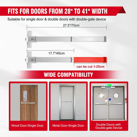Commercial Exit Door Panic Bar With External Lever In Silver Stainless Steel, Fireproof Lock Set, fits multiple door types
