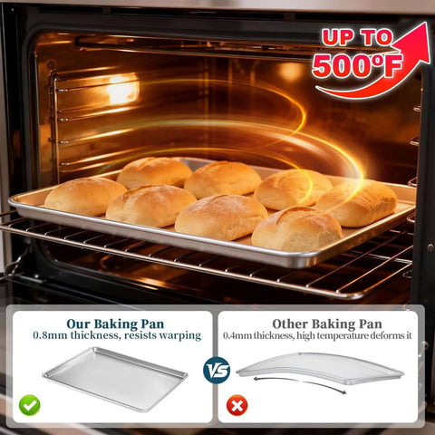Heavy Duty Aluminum Baking Sheet Pan Set 26 By 18 Inches 6 Pack in oven with cookies, warp-resistant design, handles up to 500°F