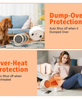 Compact PTC Ceramic Space Heater with dog and woman, showing Dump-Over and Over-Heat Protection features, Light Brown
