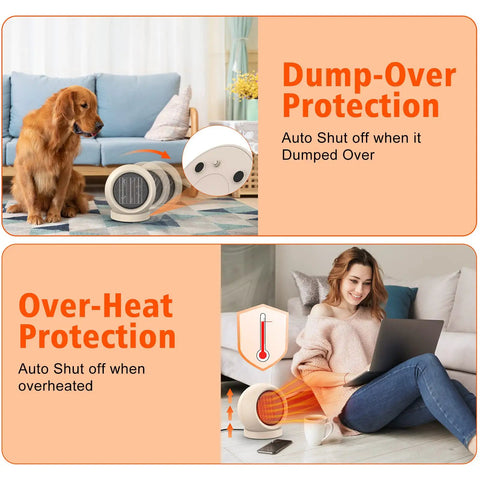 Compact PTC Ceramic Space Heater with dog and woman, showing Dump-Over and Over-Heat Protection features, Light Brown