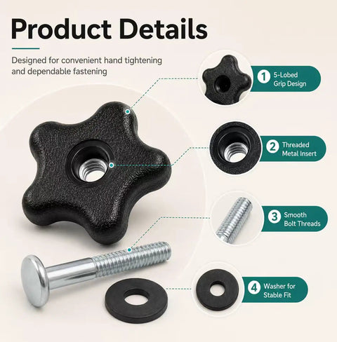 Premium Handle Knob And Screw Bolt Washer Replacement Kit 2 Pack For Toro Lawn Tractors, Direct OEM Fitment Compatible With Models 38583 Through 38515 To Keep Your Mower Rockin Smooth. Black 5-lobed knob, bolt, and washer parts