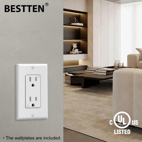 20 Pack 15 Amp Tamper Resistant Decor Receptacles For Home And Business, Standard Wall Outlet With UL Listed Safety, 125V 1875W White, Wall Plate Included, No Brainer Setup For Residential And Commercial Use in living room setting