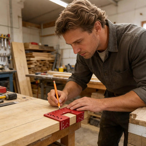 Man using Magnetic Aluminum Cabinet Hinge Repair Plate Kit With Precise Drill Depth for Accurate Door Fix on wooden table.