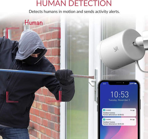 Two Pack Outdoor Security Camera Set 1080p Waterproof WiFi Smart Cams With Night Vision Motion Alerts Cloud Storage Smartphone App Alexa Compatible Front Door Surveillance System detecting intruder.