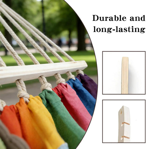 Close-up of 2 Pack Wooden Hammock Spreader Bars Detachable For Hanging Hammocks showing colorful fabric and durable wood