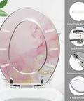 Elongated Toilet Seat Quiet Close Bathroom with grip-tight bumpers and stainless steel hinge, featuring a pink marble design.