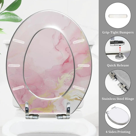 Elongated Toilet Seat Quiet Close Bathroom with grip-tight bumpers and stainless steel hinge, featuring a pink marble design.