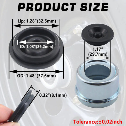 Product size diagram showing 20 Pack Trailer Hub Rubber Grease Plugs For Spindle Axle Dust Caps And Hubs Bearing Grease Covers Replacement
